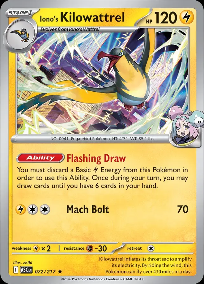 Karta Pokémon: Ascended Heroes - 072 - Iono's Kilowattrel (Energy Reverse Holo)